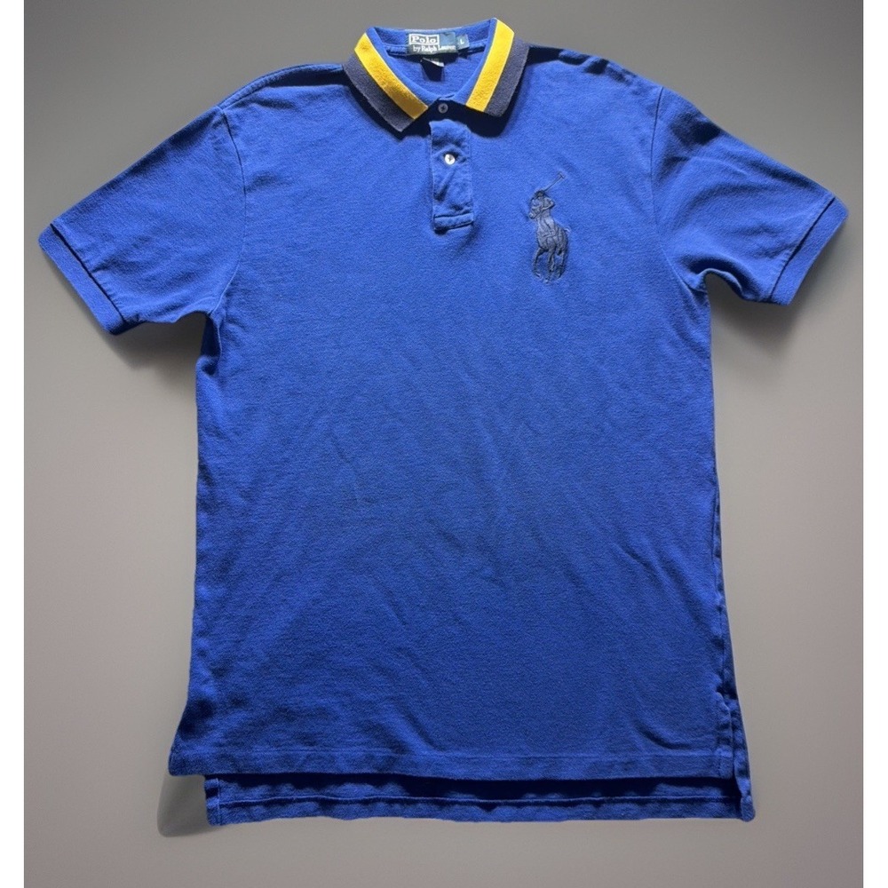 Vintage Polo Ralph Lauren Big Pony Shirt. Blue w/Yellow Collar Sz. Large Preppy